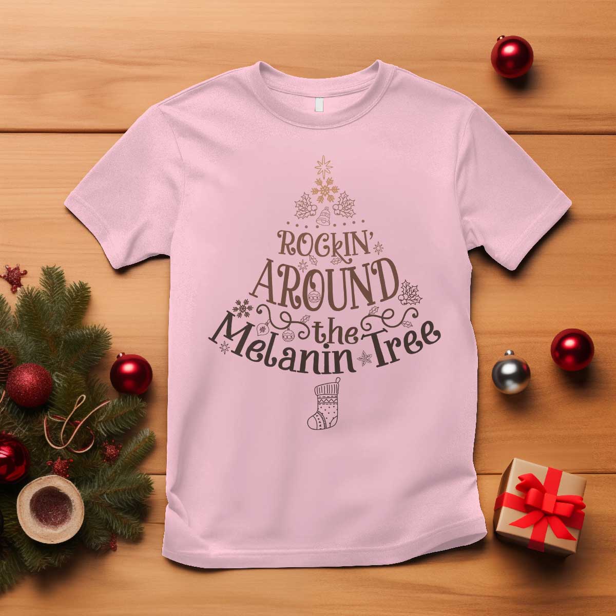 Christmas African American T Shirt Rockin' Around The Melanin Tree Xmas TS11 Light Pink Print Your Wear