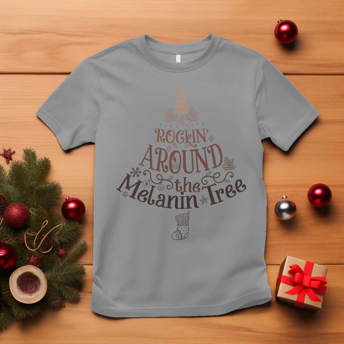 Christmas African American T Shirt Rockin' Around The Melanin Tree Xmas TS11 Sport Gray Print Your Wear