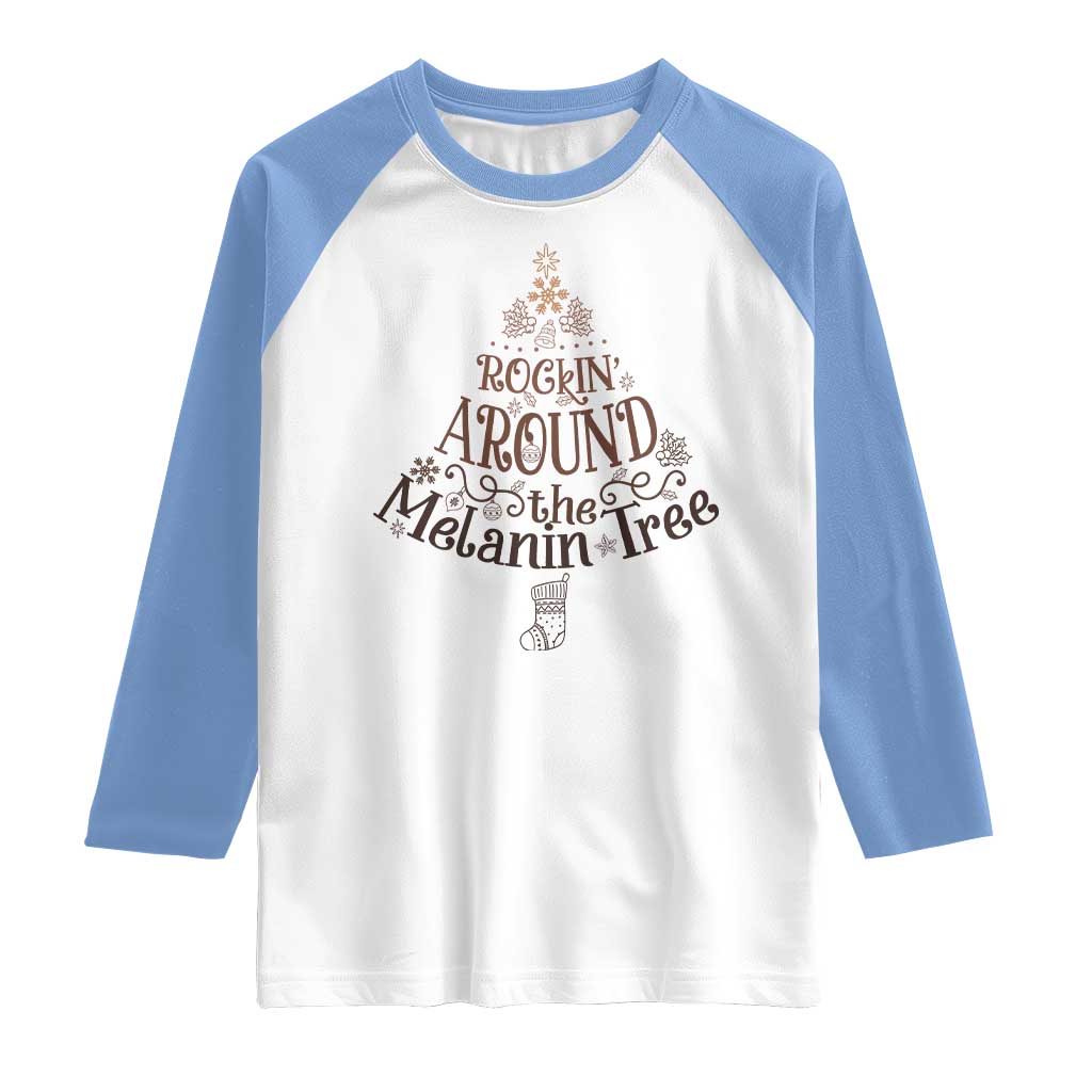 Christmas African American Raglan Shirt Rockin' Around The Melanin Tree Xmas TS11 White Carolina Blue Print Your Wear