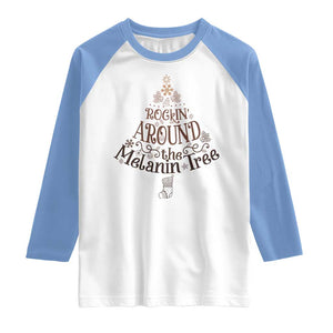 Christmas African American Raglan Shirt Rockin' Around The Melanin Tree Xmas TS11 White Carolina Blue Print Your Wear