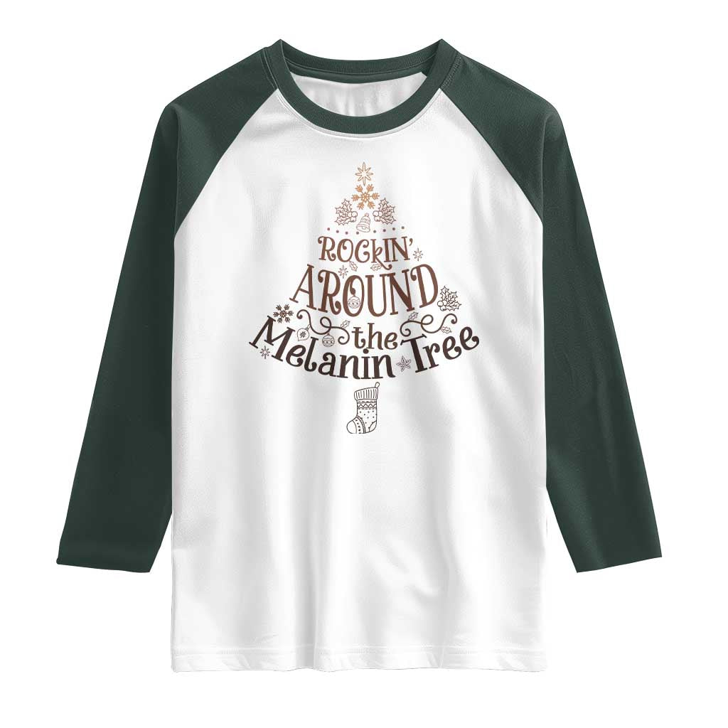 Christmas African American Raglan Shirt Rockin' Around The Melanin Tree Xmas TS11 White Dark Forest Green Print Your Wear