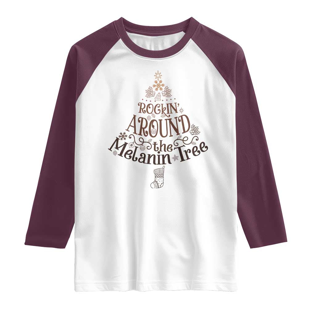 Christmas African American Raglan Shirt Rockin' Around The Melanin Tree Xmas TS11 White Maroon Print Your Wear