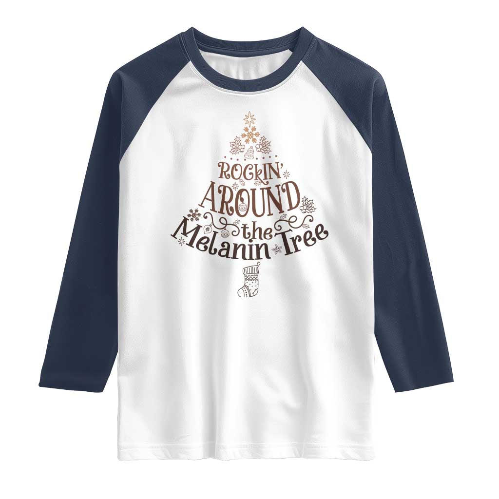 Christmas African American Raglan Shirt Rockin' Around The Melanin Tree Xmas TS11 White Navy Print Your Wear