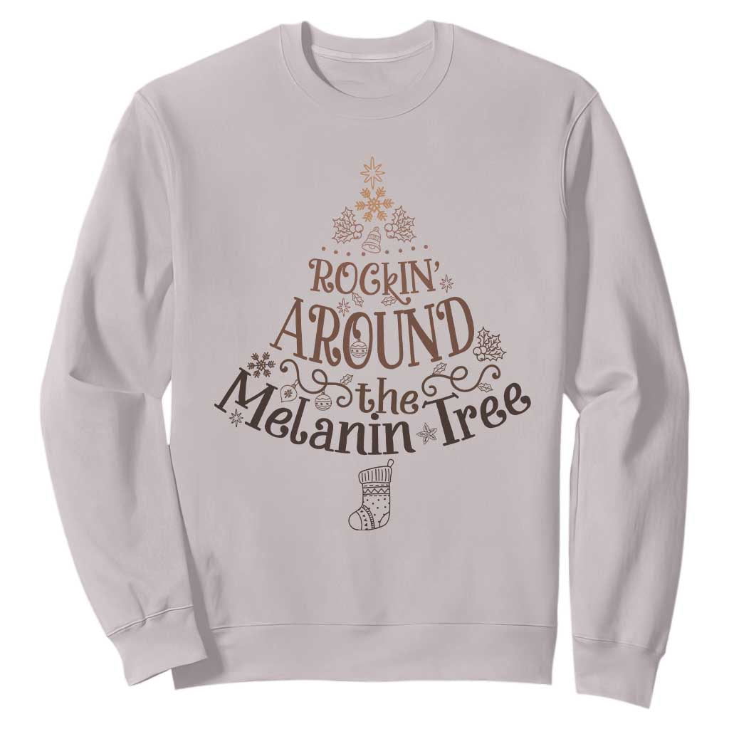 Christmas African American Sweatshirt Rockin' Around The Melanin Tree Xmas TS11 Ice Gray Print Your Wear