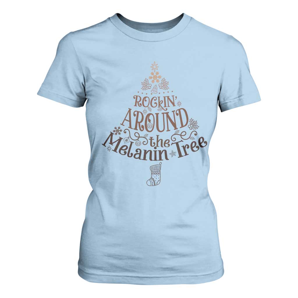 Christmas African American T Shirt For Women Rockin' Around The Melanin Tree Xmas TS11 Light Blue Print Your Wear