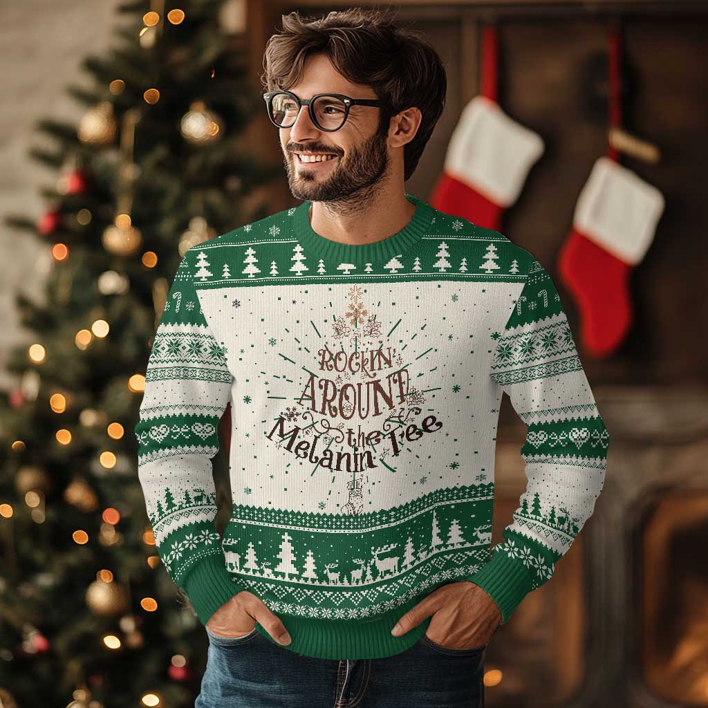 Christmas African American Ugly Christmas Sweater Rockin' Around The Melanin Tree Xmas TS11 Green Print Your Wear