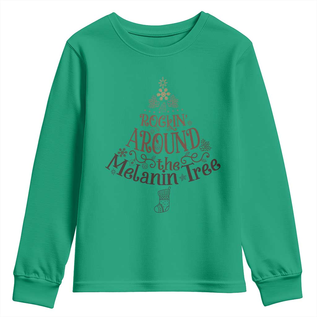 Christmas African American Youth Sweatshirt Rockin' Around The Melanin Tree Xmas TS11 Irish Green Print Your Wear