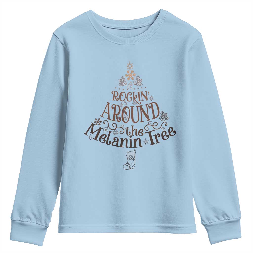 Christmas African American Youth Sweatshirt Rockin' Around The Melanin Tree Xmas TS11 Light Blue Print Your Wear