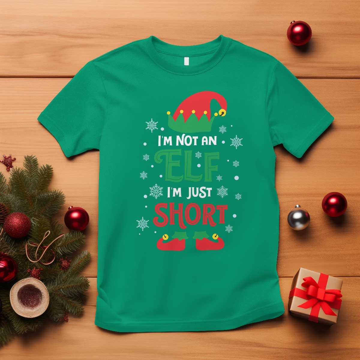 Funny Christmas Elf T Shirt I'm Not An Elf I'm Just Short Snowflakes TS11 Irish Green Print Your Wear