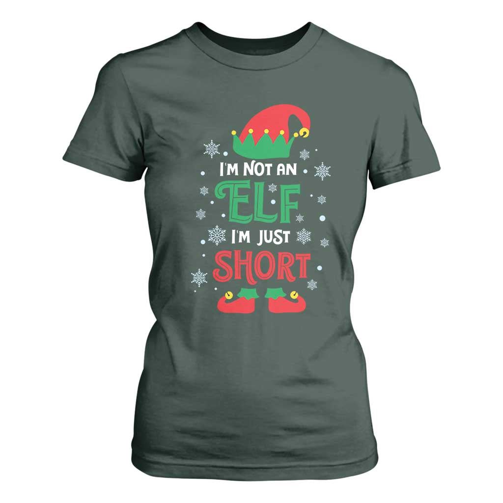 Funny Christmas Elf T Shirt For Women I'm Not An Elf I'm Just Short Snowflakes TS11 Dark Forest Green Print Your Wear