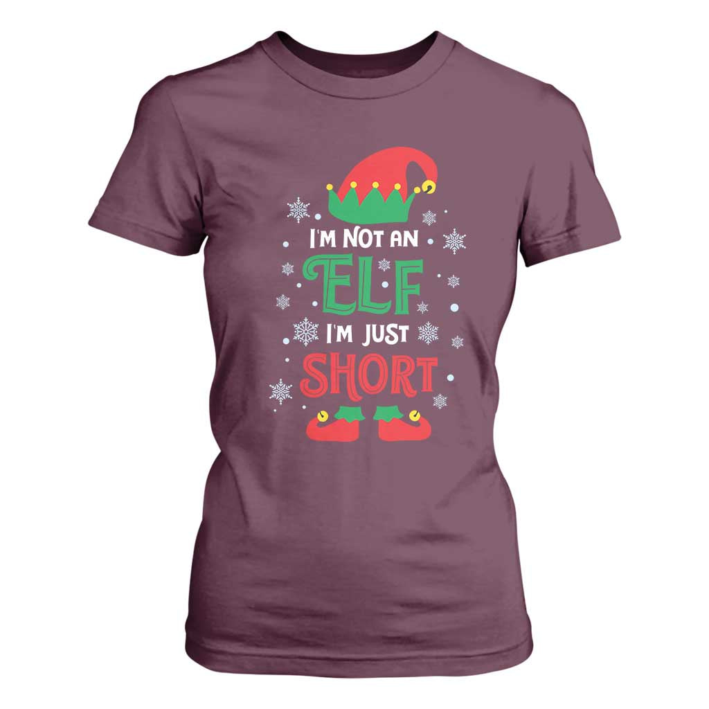 Funny Christmas Elf T Shirt For Women I'm Not An Elf I'm Just Short Snowflakes TS11 Maroon Print Your Wear