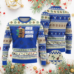 Xmas In Hawaii Ugly Christmas Sweater Mele Kalikimaka Tiki Hibiscus Flower Santa Hat TS11 Blue Print Your Wear