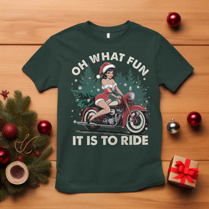 Funny Christmas Motorbike T Shirt Oh What Fun It Is To Ride Female Santa Biker TS11 Dark Forest Green Print Your Wear