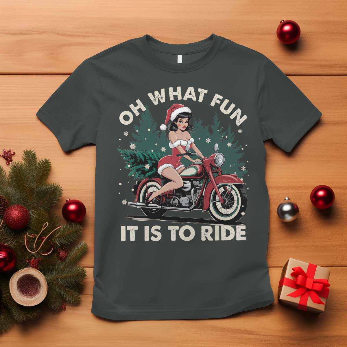 Funny Christmas Motorbike T Shirt Oh What Fun It Is To Ride Female Santa Biker TS11 Dark Heather Print Your Wear