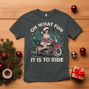 Funny Christmas Motorbike T Shirt Oh What Fun It Is To Ride Female Santa Biker TS11 Dark Heather Print Your Wear