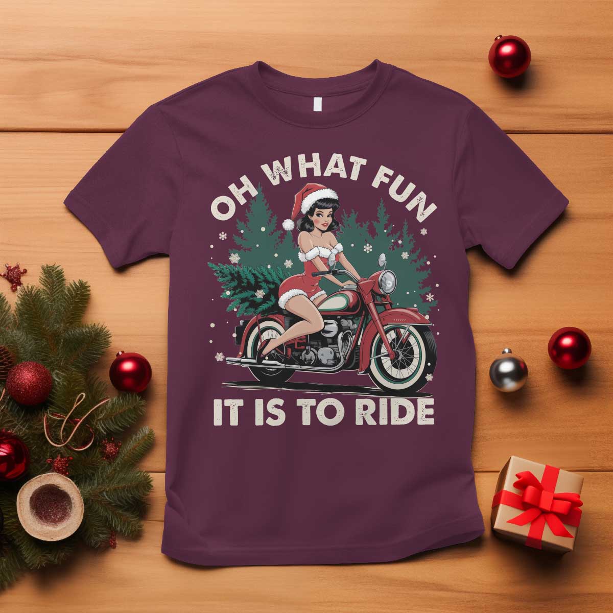 Funny Christmas Motorbike T Shirt Oh What Fun It Is To Ride Female Santa Biker TS11 Maroon Print Your Wear