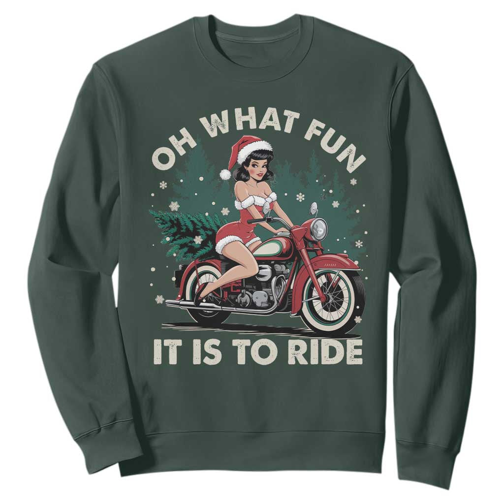 Funny Christmas Motorbike Sweatshirt Oh What Fun It Is To Ride Female Santa Biker TS11 Dark Forest Green Print Your Wear
