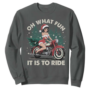 Funny Christmas Motorbike Sweatshirt Oh What Fun It Is To Ride Female Santa Biker TS11 Dark Heather Print Your Wear