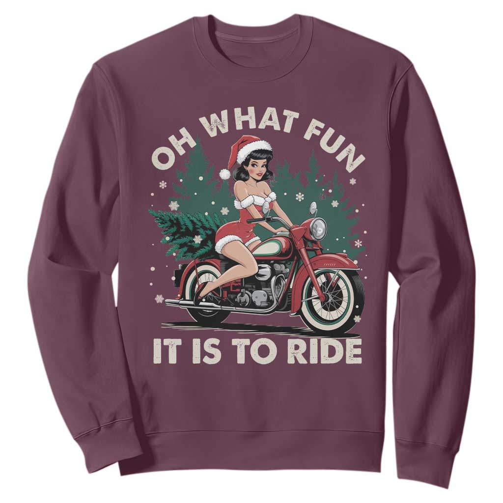 Funny Christmas Motorbike Sweatshirt Oh What Fun It Is To Ride Female Santa Biker TS11 Maroon Print Your Wear