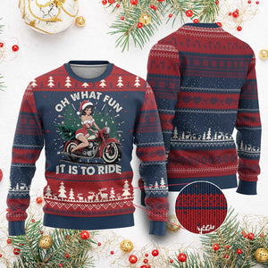 Funny Xmas Motorbike Ugly Christmas Sweater Oh What Fun It Is To Ride Female Santa Biker TS11 Burgundy Print Your Wear
