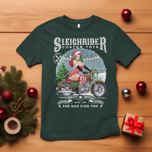 Christmas Female Santa Motorcycle T Shirt Sleighrider Custom Toys For Bad Kids Too TS11 Dark Forest Green Print Your Wear