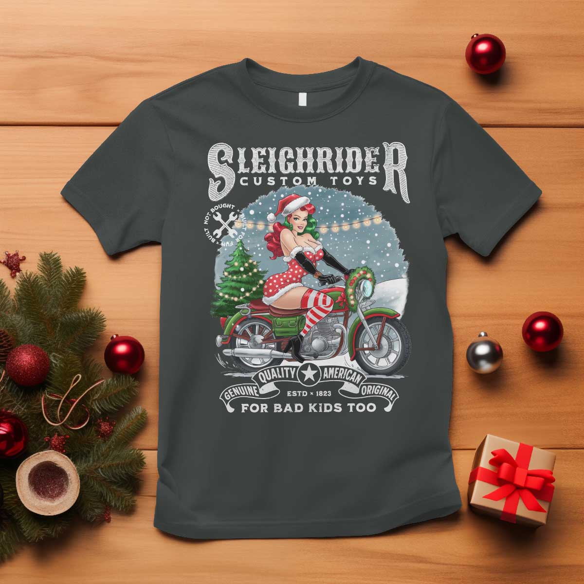Christmas Female Santa Motorcycle T Shirt Sleighrider Custom Toys For Bad Kids Too TS11 Dark Heather Print Your Wear