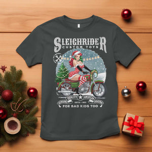 Christmas Female Santa Motorcycle T Shirt Sleighrider Custom Toys For Bad Kids Too TS11 Dark Heather Print Your Wear