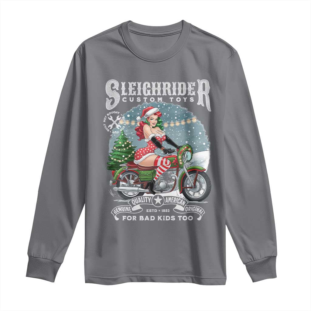 Christmas Female Santa Motorcycle Long Sleeve Shirt Sleighrider Custom Toys For Bad Kids Too TS11 Charcoal Print Your Wear