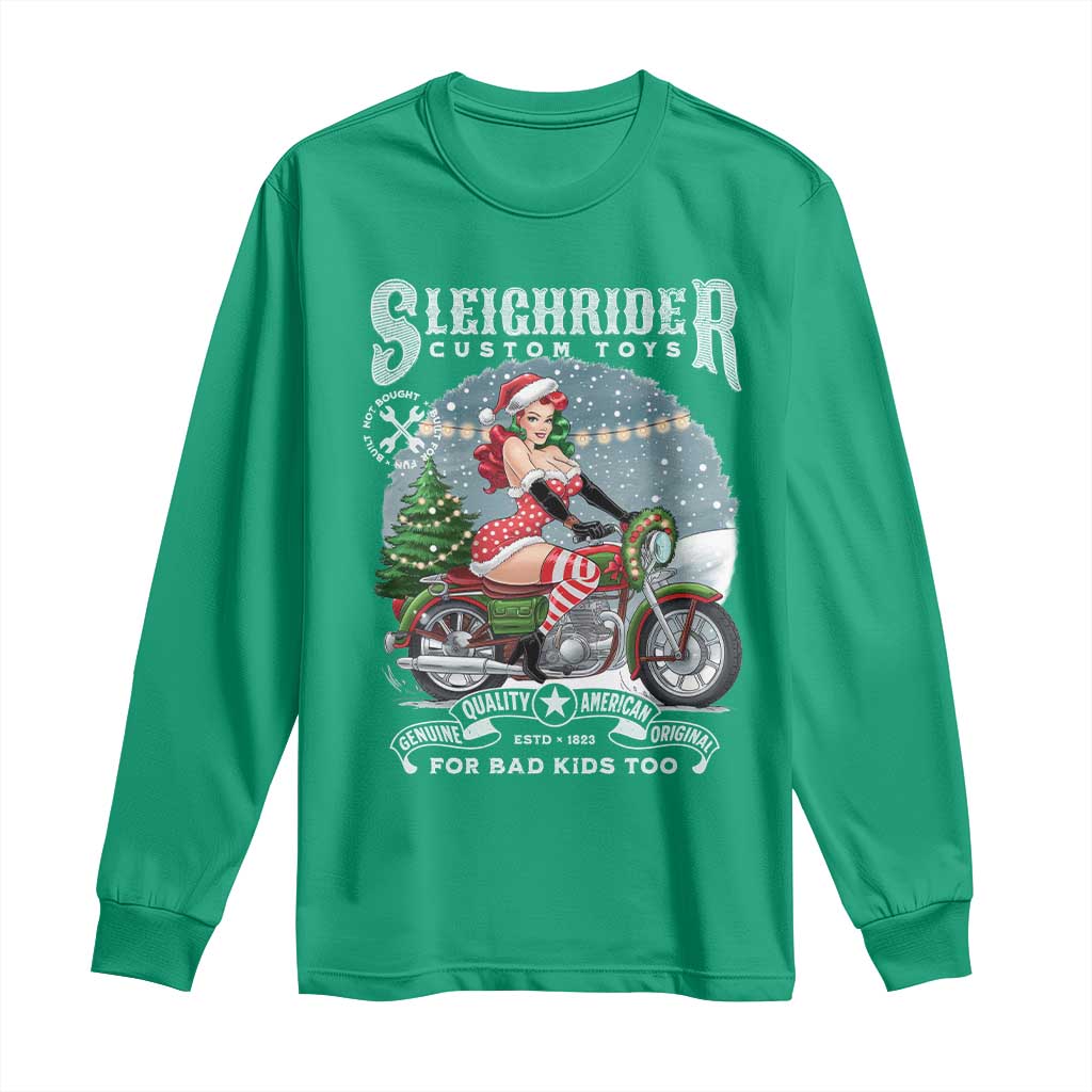 Christmas Female Santa Motorcycle Long Sleeve Shirt Sleighrider Custom Toys For Bad Kids Too TS11 Irish Green Print Your Wear