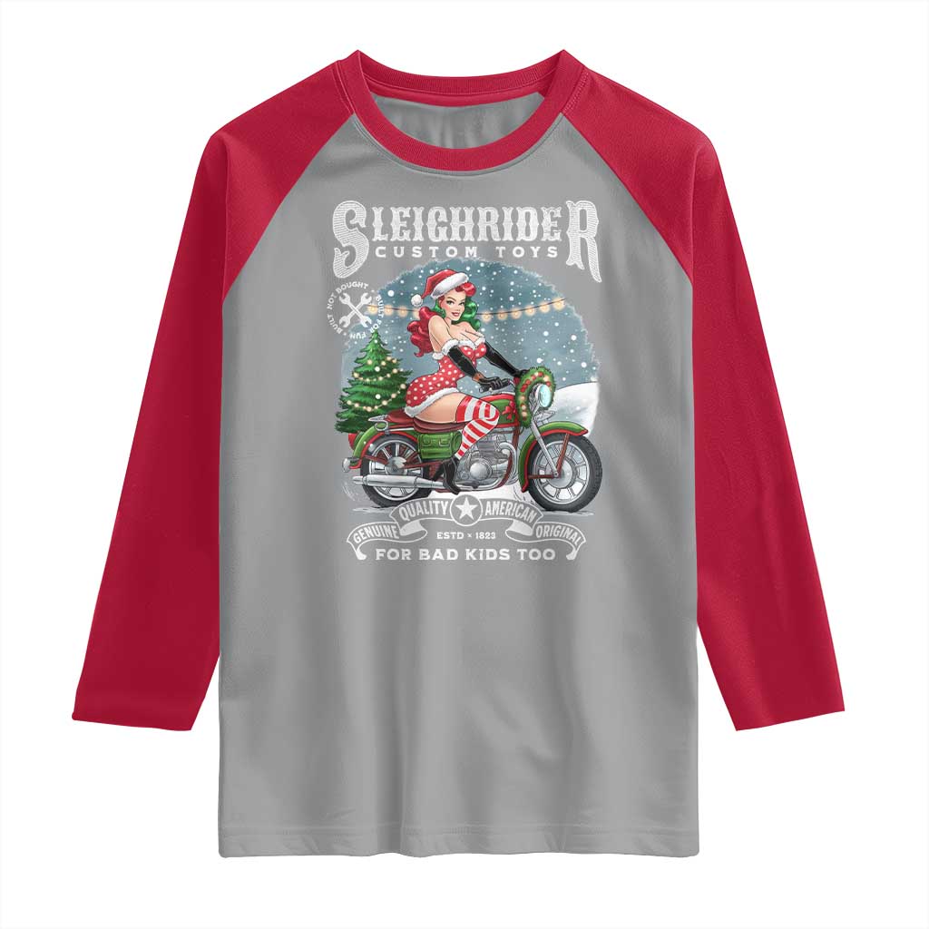 Christmas Female Santa Motorcycle Raglan Shirt Sleighrider Custom Toys For Bad Kids Too TS11 Sport Gray Red Print Your Wear