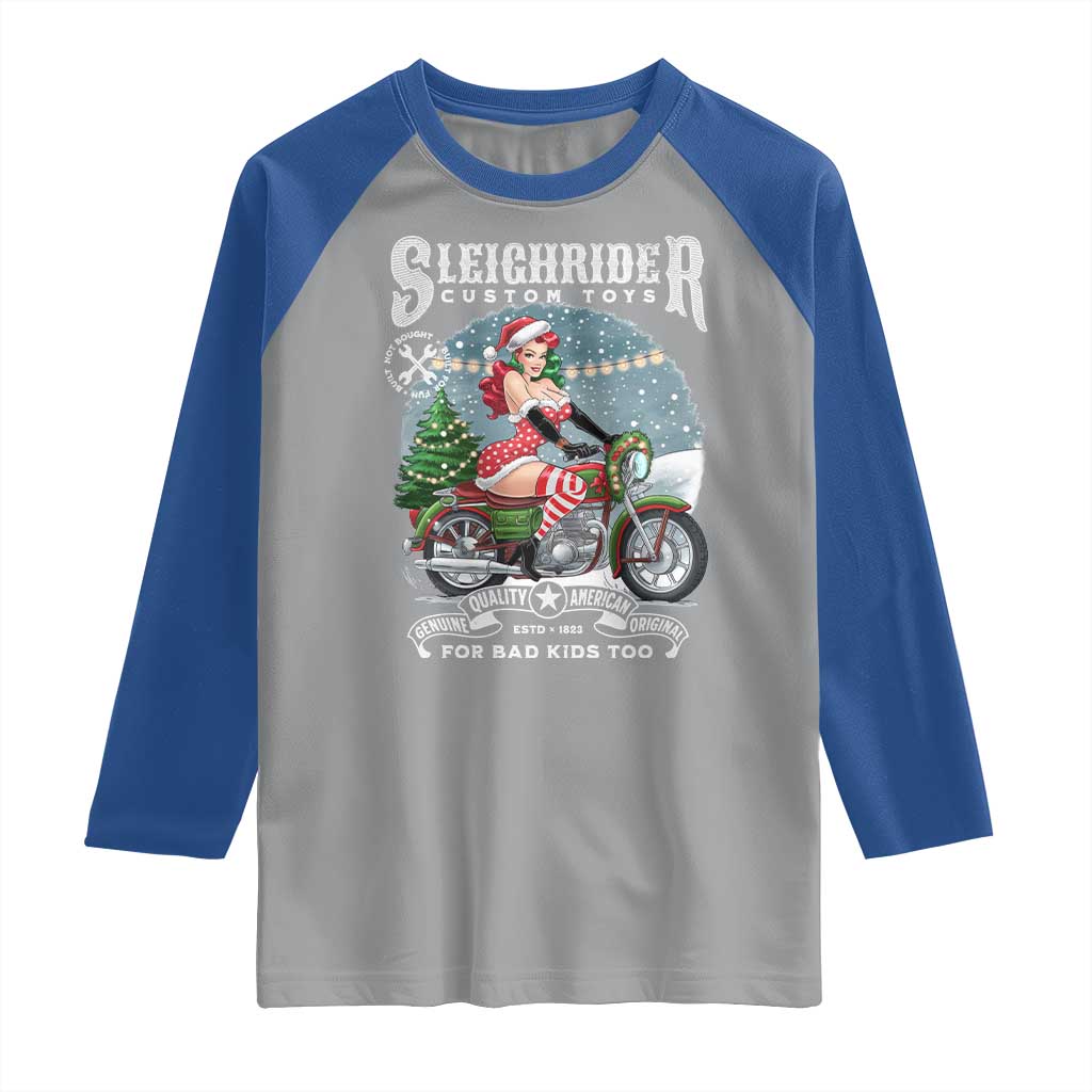 Christmas Female Santa Motorcycle Raglan Shirt Sleighrider Custom Toys For Bad Kids Too TS11 Sport Gray Royal Print Your Wear