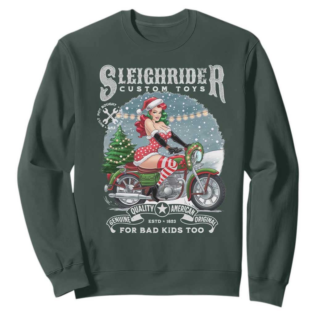 Christmas Female Santa Motorcycle Sweatshirt Sleighrider Custom Toys For Bad Kids Too TS11 Dark Forest Green Print Your Wear