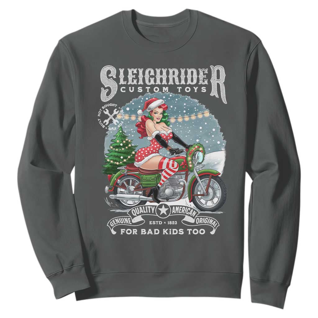 Christmas Female Santa Motorcycle Sweatshirt Sleighrider Custom Toys For Bad Kids Too TS11 Dark Heather Print Your Wear
