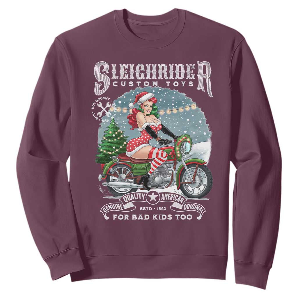 Christmas Female Santa Motorcycle Sweatshirt Sleighrider Custom Toys For Bad Kids Too TS11 Maroon Print Your Wear