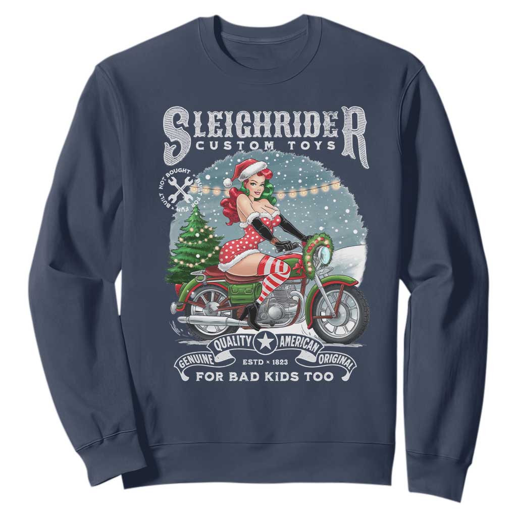 Christmas Female Santa Motorcycle Sweatshirt Sleighrider Custom Toys For Bad Kids Too TS11 Navy Print Your Wear