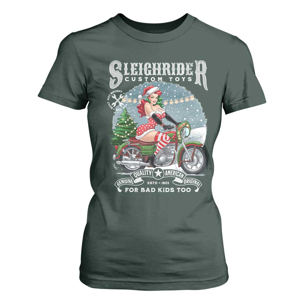 Christmas Female Santa Motorcycle T Shirt For Women Sleighrider Custom Toys For Bad Kids Too TS11 Dark Forest Green Print Your Wear