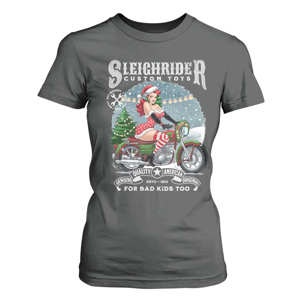 Christmas Female Santa Motorcycle T Shirt For Women Sleighrider Custom Toys For Bad Kids Too TS11 Dark Heather Print Your Wear