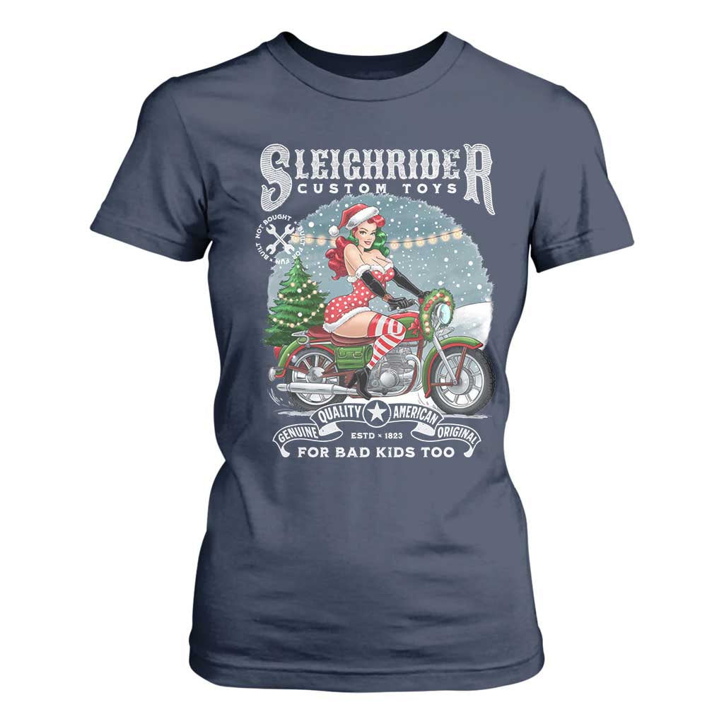 Christmas Female Santa Motorcycle T Shirt For Women Sleighrider Custom Toys For Bad Kids Too TS11 Navy Print Your Wear