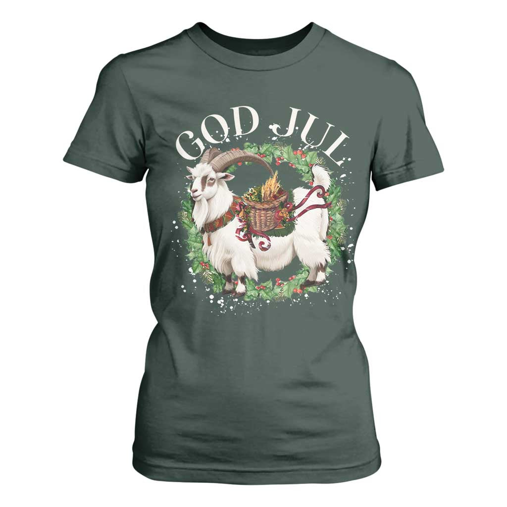 God Jul T Shirt For Women Yule Goat Christmas Wreath Winter Solstice TS11 Dark Forest Green Print Your Wear