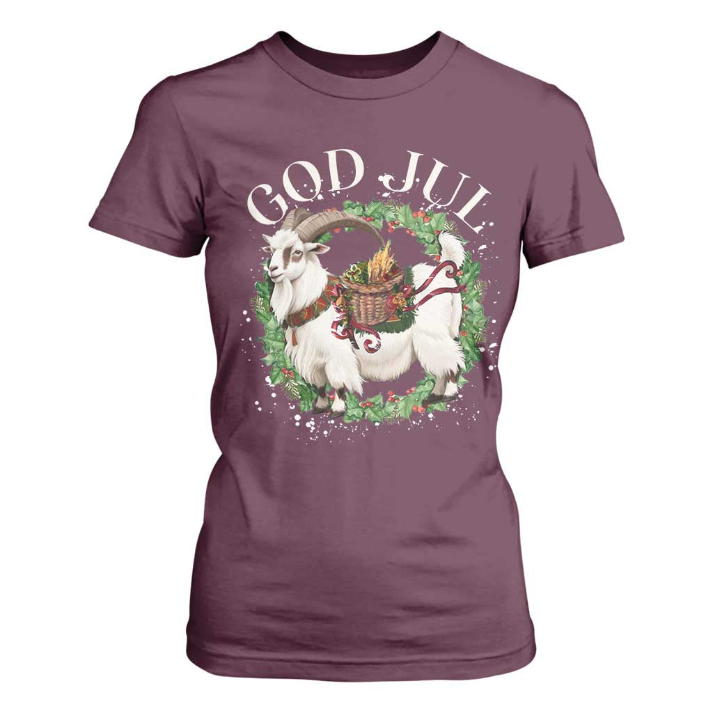 God Jul T Shirt For Women Yule Goat Christmas Wreath Winter Solstice TS11 Maroon Print Your Wear