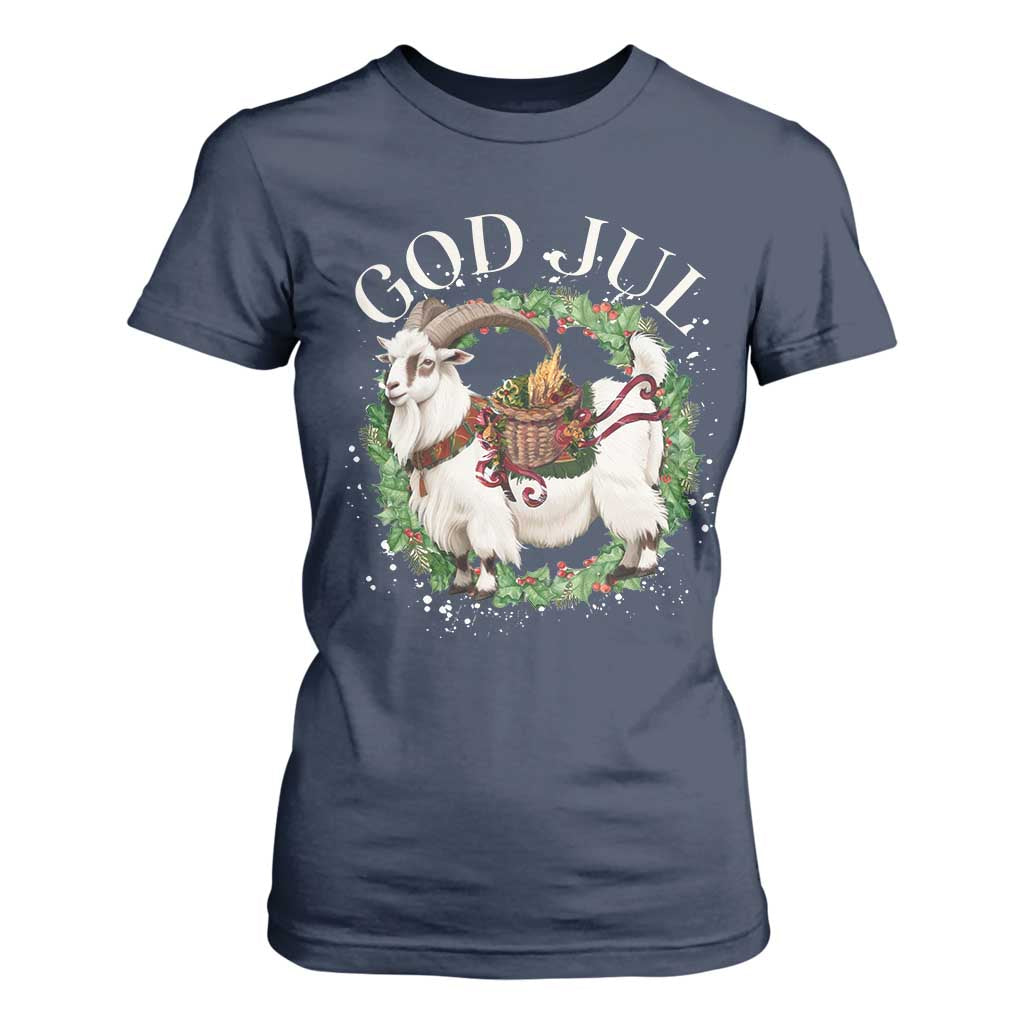 God Jul T Shirt For Women Yule Goat Christmas Wreath Winter Solstice TS11 Navy Print Your Wear