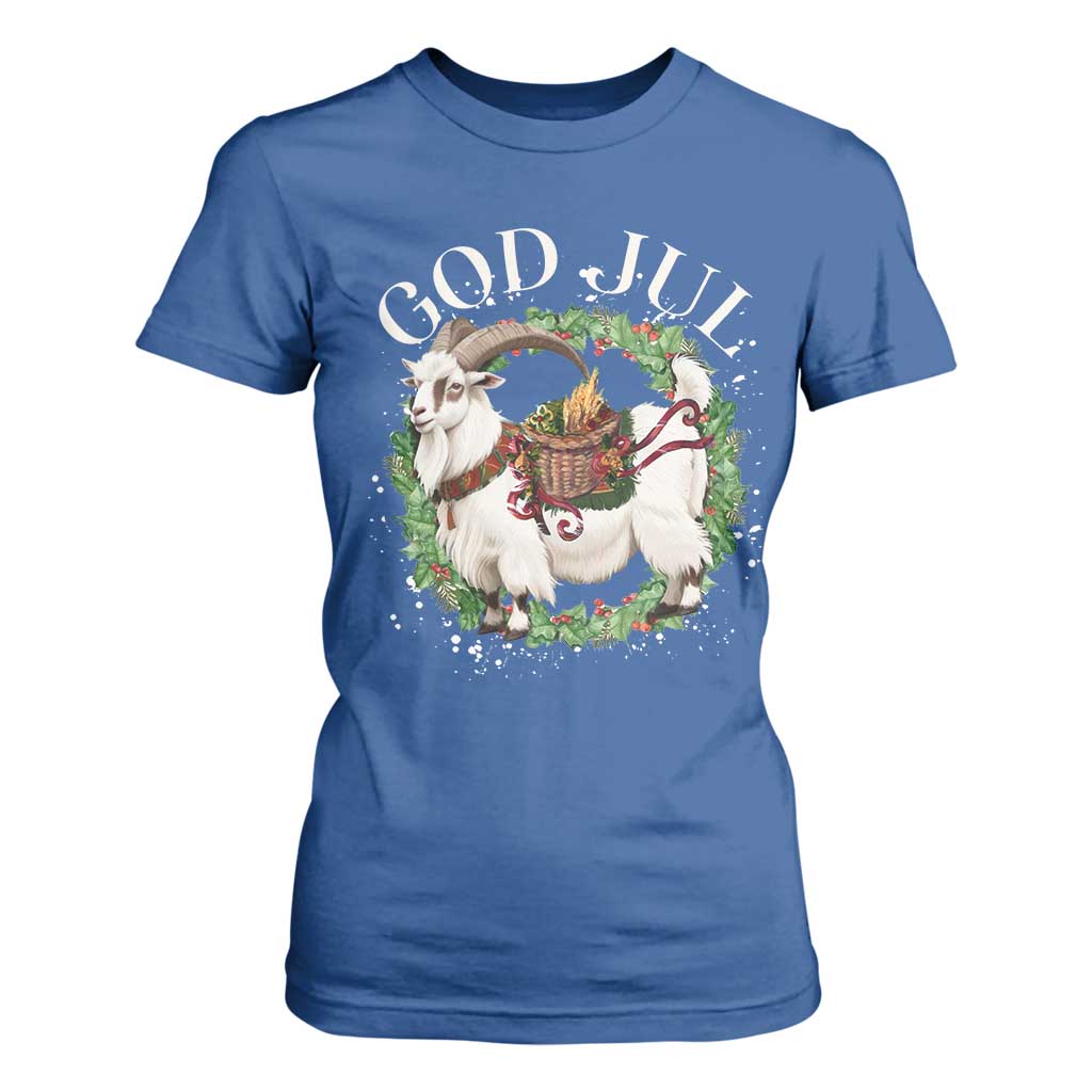 God Jul T Shirt For Women Yule Goat Christmas Wreath Winter Solstice TS11 Royal Blue Print Your Wear