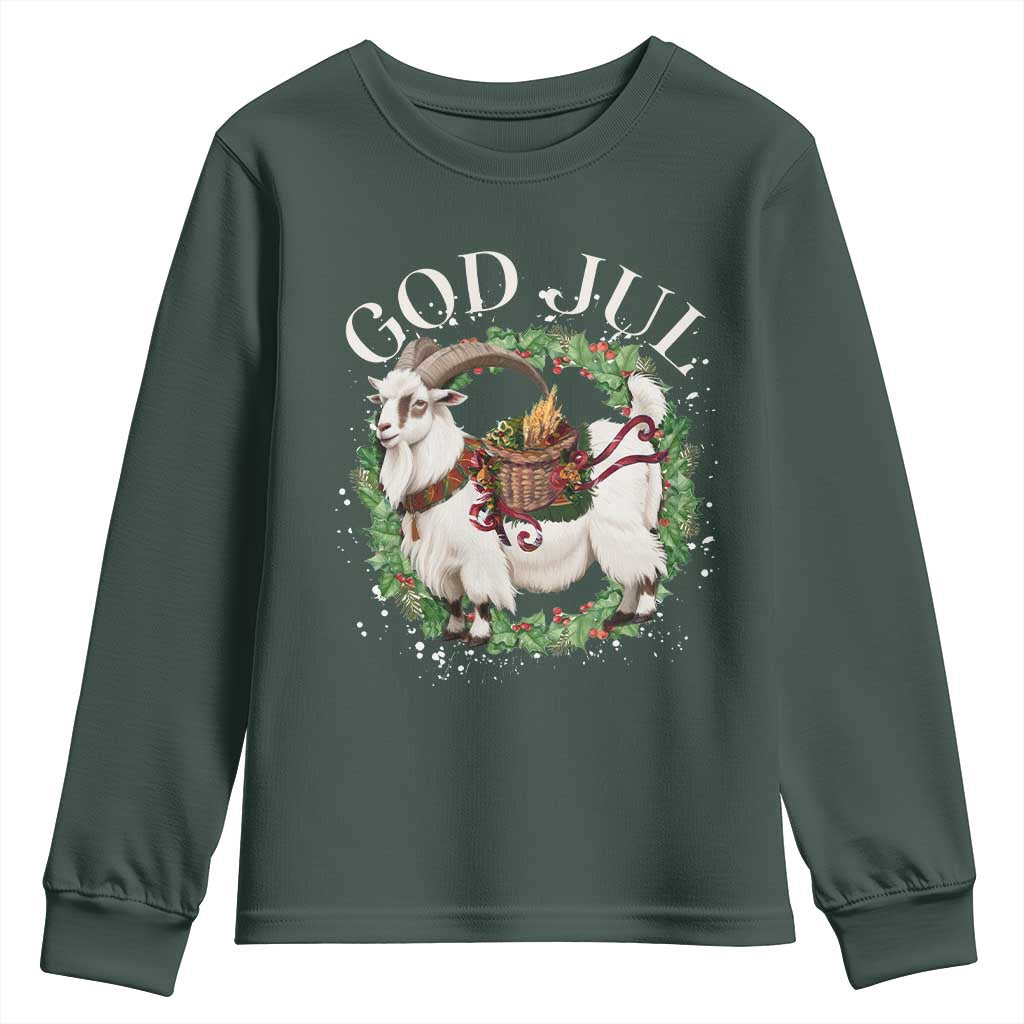 God Jul Youth Sweatshirt Yule Goat Christmas Wreath Winter Solstice TS11 Dark Forest Green Print Your Wear