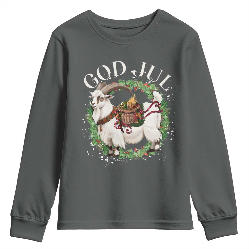 God Jul Youth Sweatshirt Yule Goat Christmas Wreath Winter Solstice TS11 Dark Heather Print Your Wear
