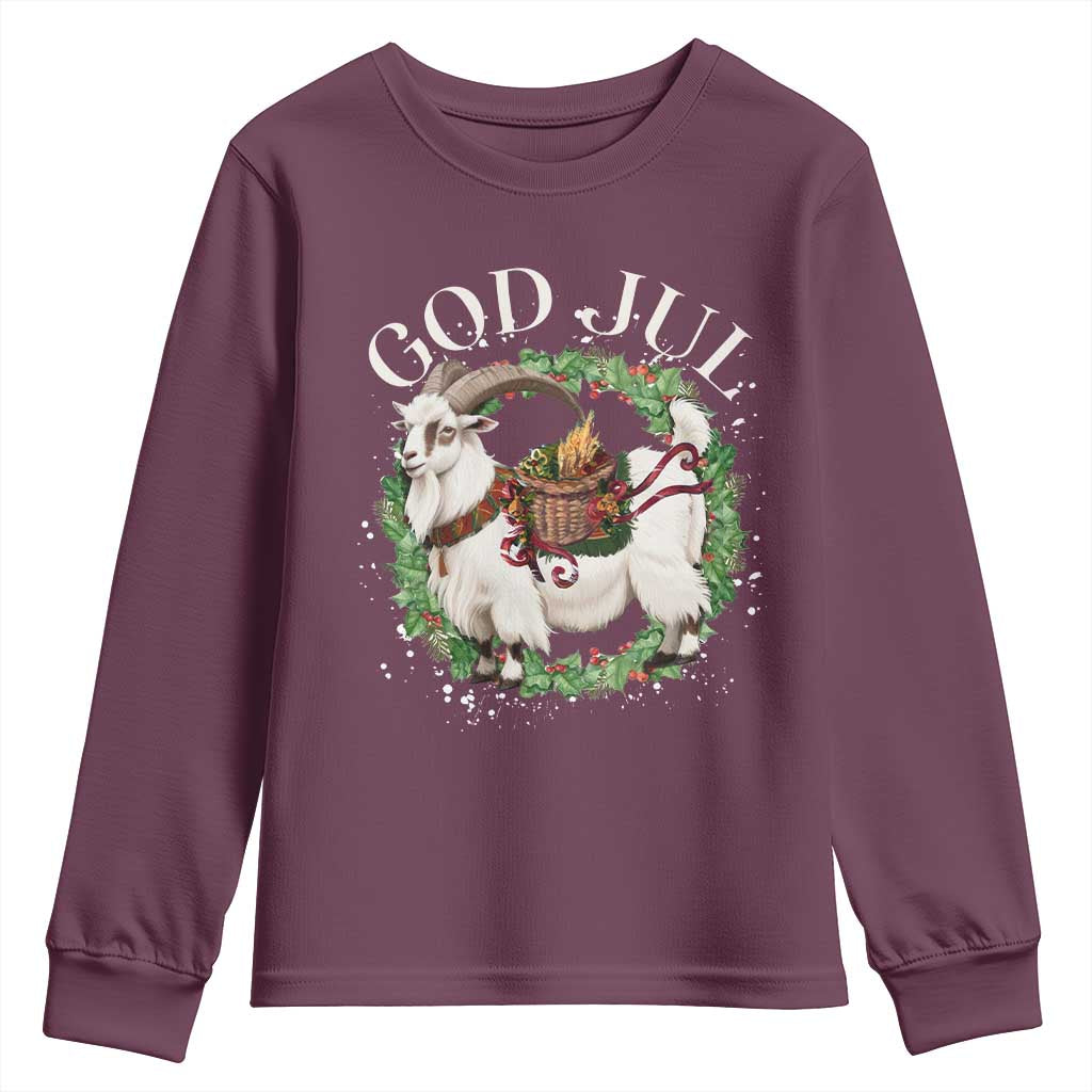 God Jul Youth Sweatshirt Yule Goat Christmas Wreath Winter Solstice TS11 Maroon Print Your Wear