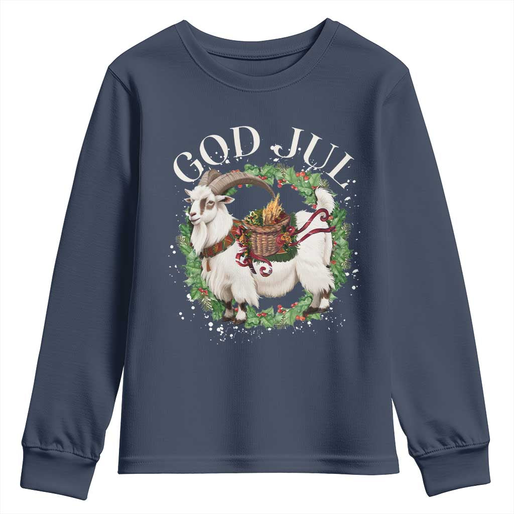 God Jul Youth Sweatshirt Yule Goat Christmas Wreath Winter Solstice TS11 Navy Print Your Wear