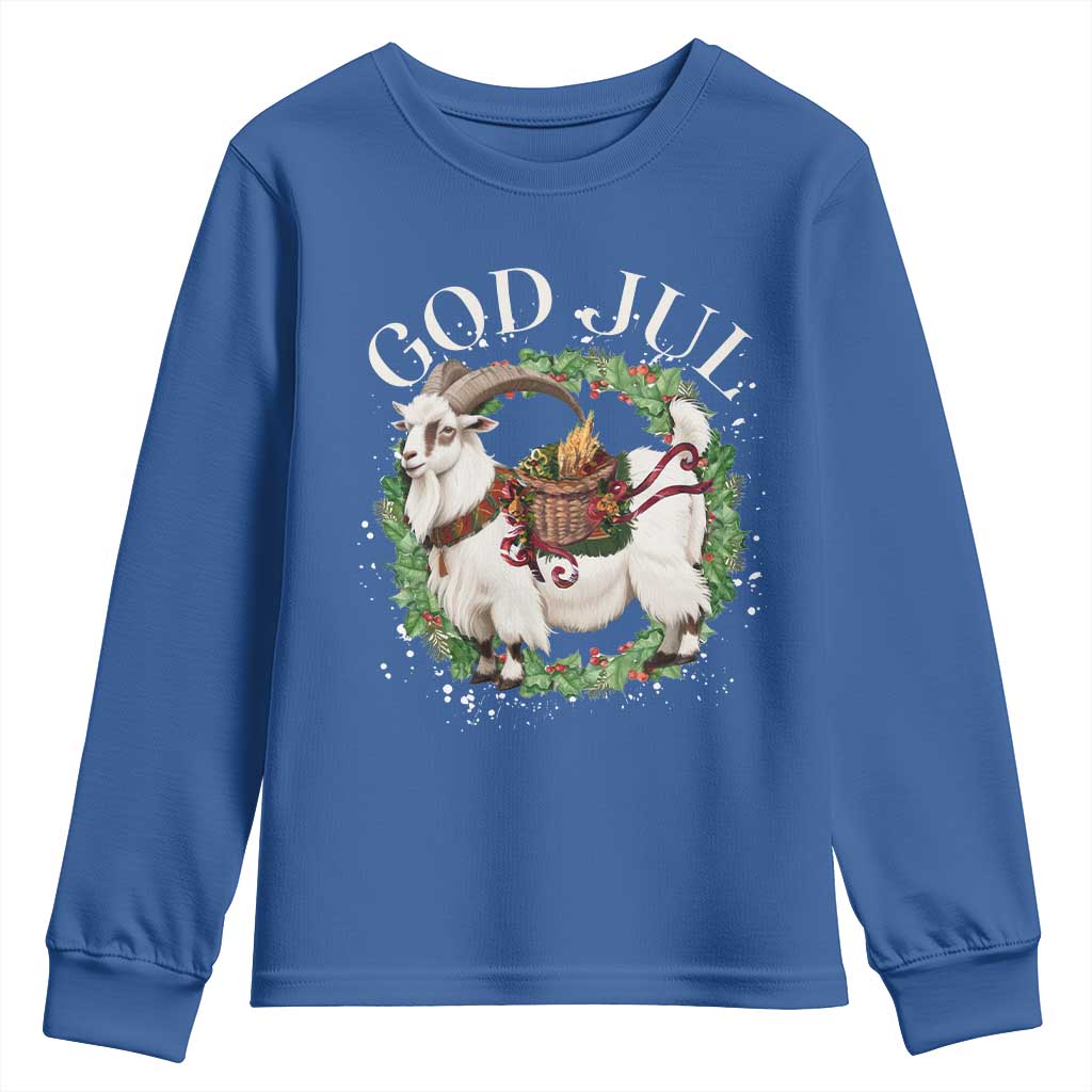 God Jul Youth Sweatshirt Yule Goat Christmas Wreath Winter Solstice TS11 Royal Blue Print Your Wear