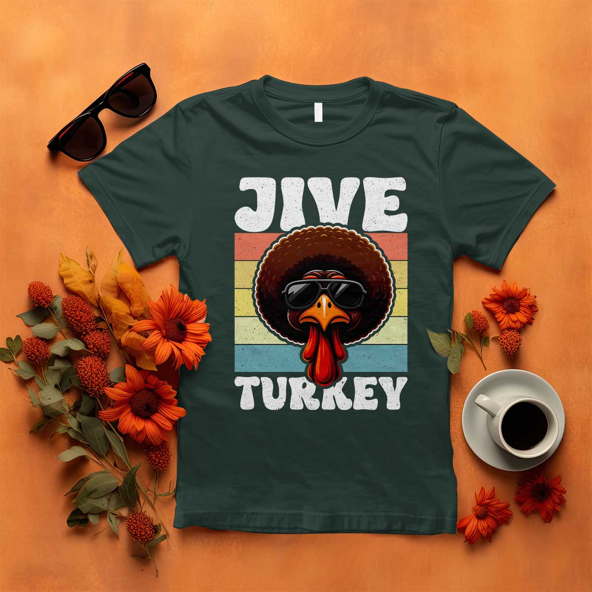 Funny Jive Thanksgiving Turkey Day T Shirt Retro Afro Black Turkey TS11 Dark Forest Green Print Your Wear
