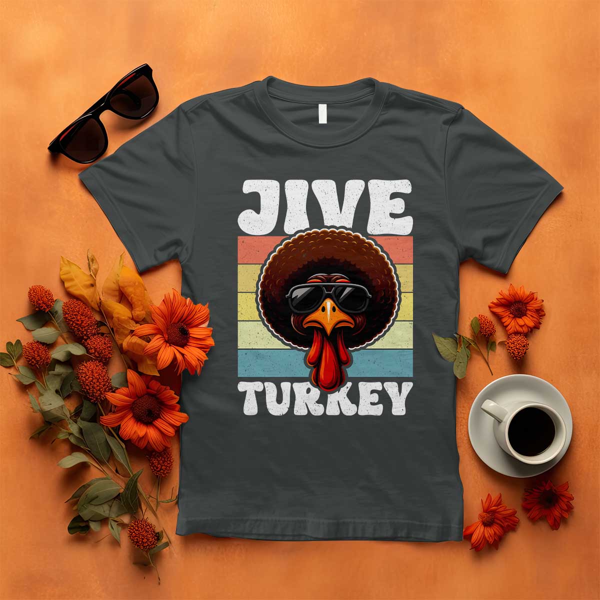 Funny Jive Thanksgiving Turkey Day T Shirt Retro Afro Black Turkey TS11 Dark Heather Print Your Wear