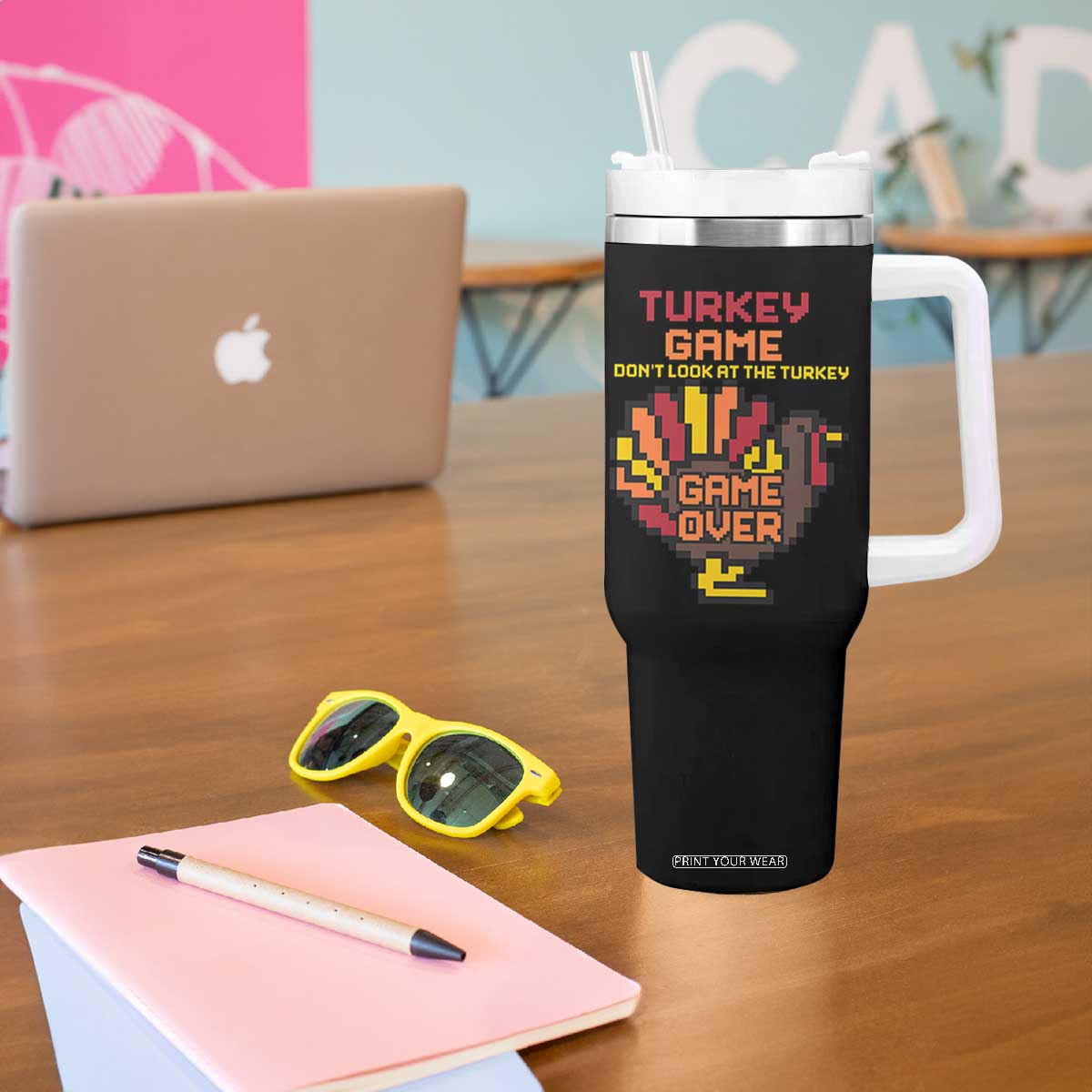 Funny Thanksgiving Turkey Tumbler With Handle Turkey Game Dont Look At The Turkey TS11 Print Your Wear
